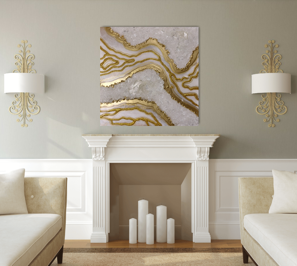 Kristallinspirierte Wandkunst Goldfluss 60x60